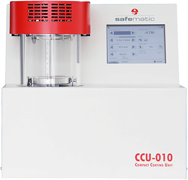 Safematic CCU-010 coater family: The CCU-010 LV fine vacuum compact coating unit. Front.