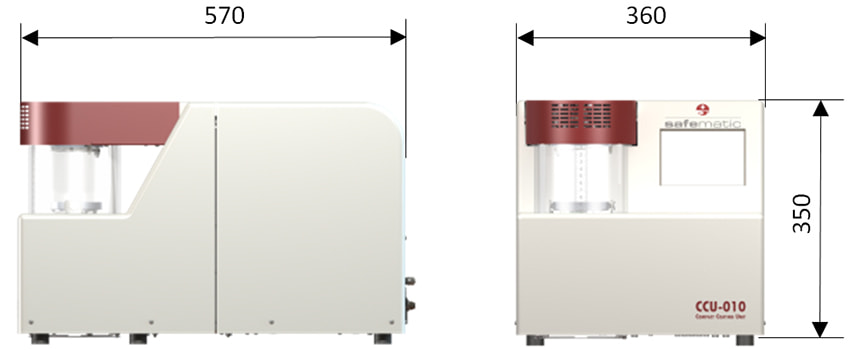 Safematic CCU-010 coater family: The CCU-010 LV fine vacuum compact coating unit. Dimensions.